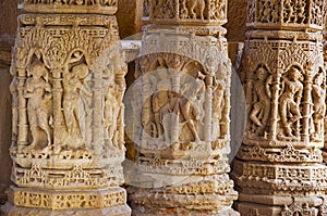 Carving details on the pillar of the Sun Temple. Built in 1026 - 27 AD during the reign of Bhima I of the Chaulukya dynasty,