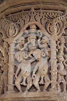 Carving details on the pillar of the Sun Temple. Built in 1026 - 27 AD during the reign of Bhima I of the Chaulukya dynasty,