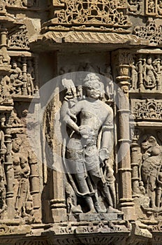 Carving details on the pillar of the Sun Temple. Built in 1026 - 27 AD during the reign of Bhima I of the Chaulukya dynasty,