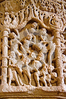 Carving details on the pillar of the Sun Temple. Built in 1026 - 27 AD during the reign of Bhima I of the Chaulukya dynasty, Modhe