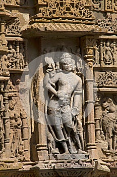 Carving details on the pillar of the Sun Temple. Built in 1026 - 27 AD during the reign of Bhima I of the Chaulukya dynasty, Modhe