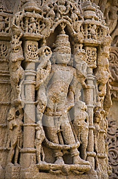 Carving details on the pillar of the Sun Temple. Built in 1026 - 27 AD during the reign of Bhima I of the Chaulukya dynasty, Modhe