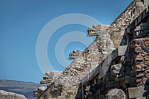 Carving details of Quetzalcoatl Pyramid at Teotihuacan Ruins - Mexico City, Mexico