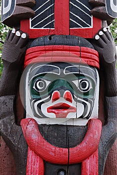 Carving face on a totem pole