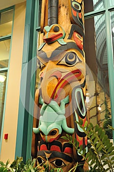 Carving face on a totem pole