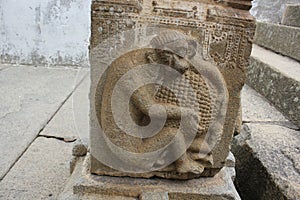 Carving of a monkey holding a fruit on the pillar of the Gommateshwara Temple photo