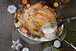 Carving Roasted Christmas Turkey with Grab Apples