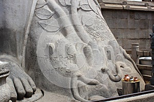 Carving of serpent snakes and snake house under the Bahubali Statue, Shravanabelagola photo