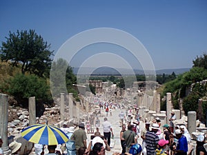 Carving on stonework in Ephesus the ancient city Turkey