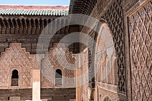 Carving of wood and stone detail. Medersa of Ben Youssef, Marrakech,Morocco