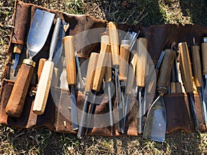 Carving woodcutting chisels. Sculptural chisels for making statues of wood.