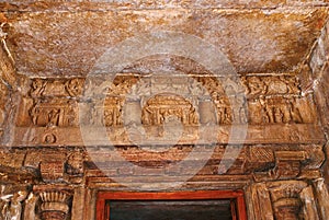 Carvings above the door panel, Eastern entrance, Virupaksha Temple, Pattadakal temple complex, Pattadakal, Karnataka