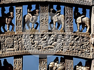 Carvings on the ancient gateway at the Sanchi stupa