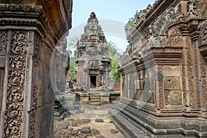Carvings in courtyard of Banteay Srei, Siem Reap, Cambodia