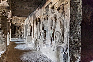 Carvings at Das Avatara (Ten Incarnations of Vishnu) Cave in Ellora, Maharasthra state, Ind photo