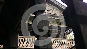 Carvings on old wooden house. Stock footage. Monument to Russian wooden architecture. Subtle patterns in exterior of