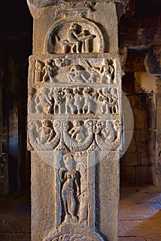 Carvings on Pillar, Sangameshwara Temple, Pattadakal, Karnataka