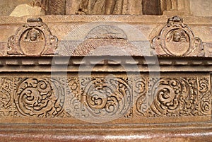 Carvings on the plinth, Durga temple, Aihole, Bagalkot, Karnataka. The Galaganatha Group of temples.