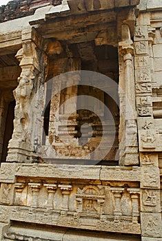 Carvings on the right side of the North Gopura of the inner courtyard, Achyuta Raya temple, Hampi, Karnataka. Sacred Center. View