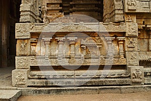 Carvings on the right side of the plinth. North Gopura of the inner courtyard, Achyuta Raya temple, Hampi, Karnataka. Sacred Cente