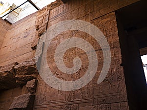 Carvings on the Temple of Isis on Philae Island in Egypt