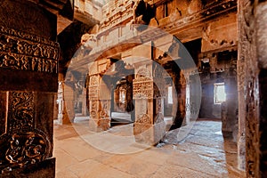 Carvings on walls of the Hindu temple, India. 7th century architecture in Pattadakal with decorations on stone reliefs