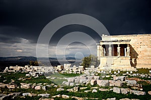 Caryatid porch on a cloudy day. Acropolis, Athens, Greece