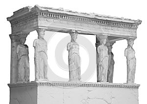 The Caryatid porch of the Erechtheion Temple in Athens isolated on white background with clipping path