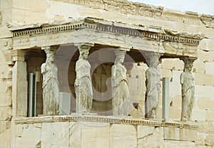 Caryatid Porch or The Porch of the Maidens of Erechtheum Ancient Greek Temple on the Acropolis of Athens, Greece