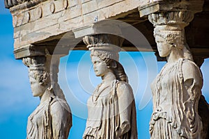 The Caryatides, female statues in the Acropolis of Athens Greece