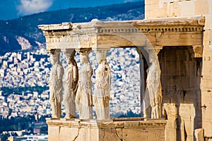 The Caryatides, female statues in the Acropolis of Athens Greece