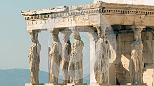 Caryatids at Acropolis in Greece against the sky.