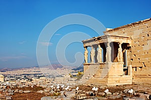 Caryatids columns and temple. Athens, Greece.