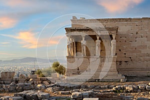 The Caryatids of Erechtheion Temple Erechtheum at the archaeological site of Acropolis in Athens, Greece