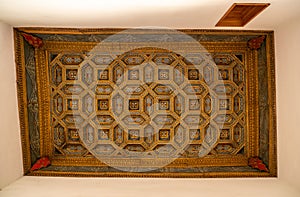 Casa de la Conchas and its ornate carved wooden ceiling in Salamanca Spain