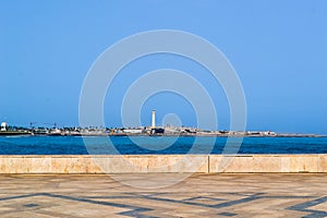 Casablanca maritime lighthouse and shore seen from Hassan II mosque terace