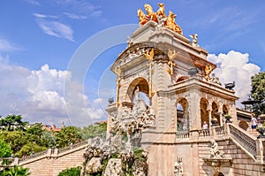 The Cascada - cascade waterfall with many clulptures is located in the Parc de la Ciutadella Citadel Park in Barcelona, Spain