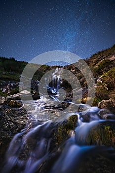 Night waterfall with milky way photo