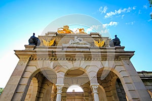 Cascada at Parc de la Ciutadella. Triumphal Arch with Waterfall and Fountain. Barcelona. Spain