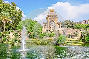 The Cascada waterfall is located in the Parc de la Ciutadella Citadel Park in Barcelona, Spain