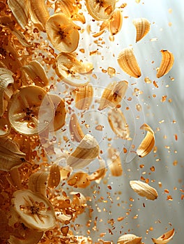 A cascade of amber banana slices dancing in the air
