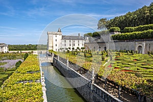 Cascade canal in the middle of beautiful renaissance park with chateau Villandry on the background, Loire region, France.