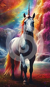 Cascade of colours: White Unicorn in Vibrant Rainbow Dreamscape