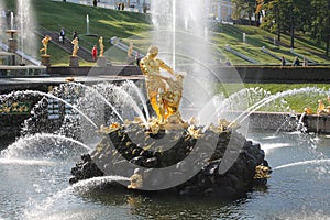 The cascade `samson` breaks the mouth of a lion. Lower park of Peterhof. St. Petersburg.