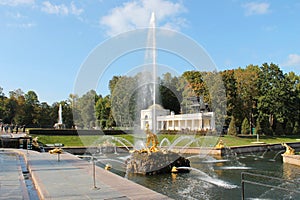 The cascade `samson` breaks the mouth of a lion. Peterhof. St. Petersburg.