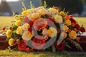 Cascade-Style Bouquet in Red, Orange, and Yellow Adorning a Grave with Heartfelt Beauty.