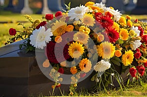 Cascade-Style Bouquet in Red, Orange, and Yellow Adorning a Grave with Heartfelt Beauty.
