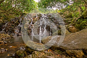 Cascade waterfalls in Vallee des Couleurs. Mauritius Island