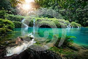 Cascades National Park in Guatemala Semuc Champey at sunset