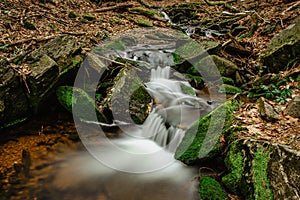 Cascades of small river stream in Orlicke Mountains,Czech republic. Long exposure water.Fresh spring mountain scenery.Untouched